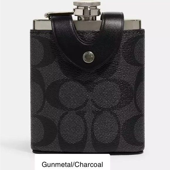 COACH Flask In Signature Canvas Calf Leather Gunmetal Charcoal NEW - Picture 1 of 11